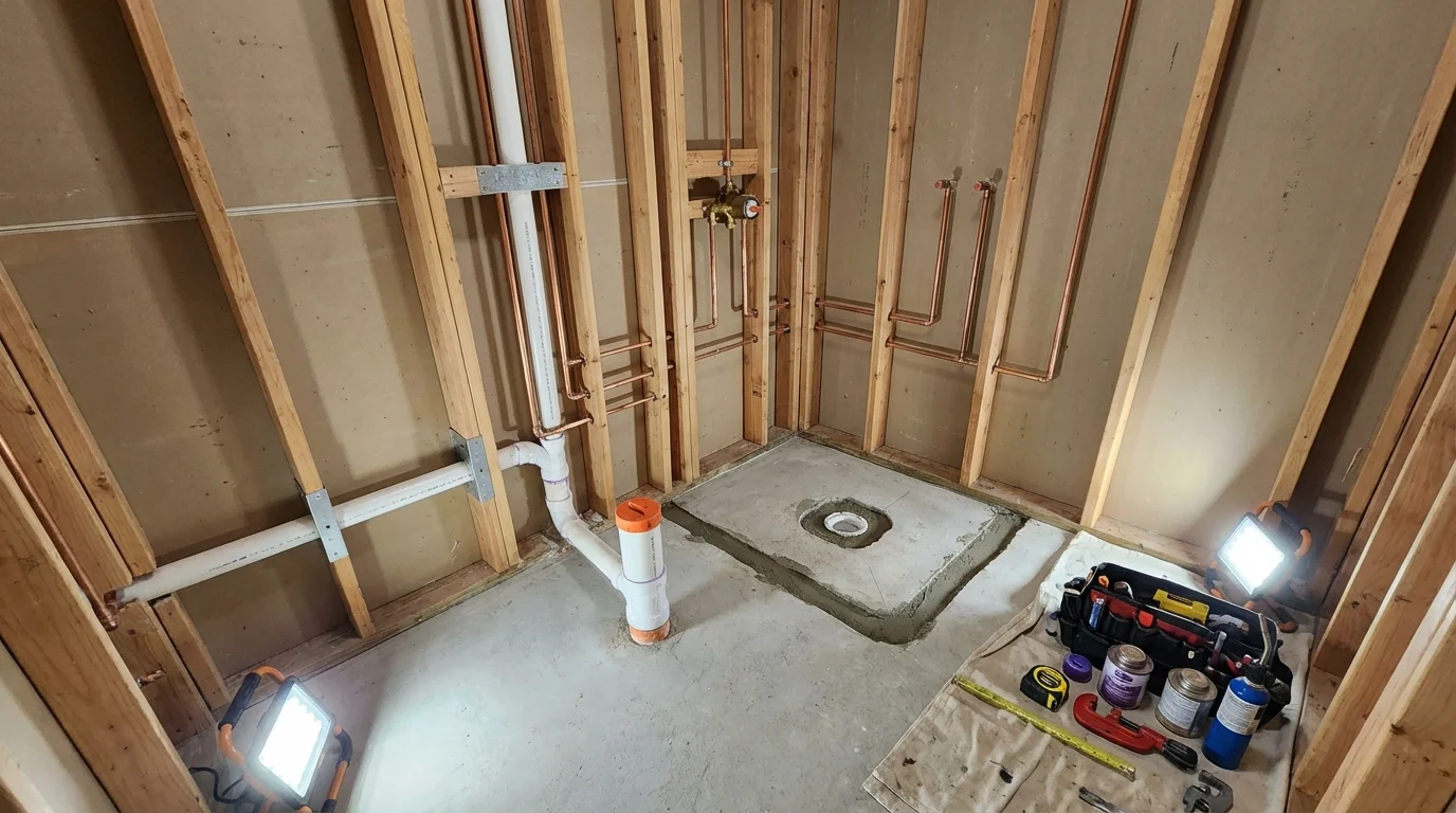 Bathroom rough-in plumbing during remodel by Johns Plumbing LLC in Port Norris