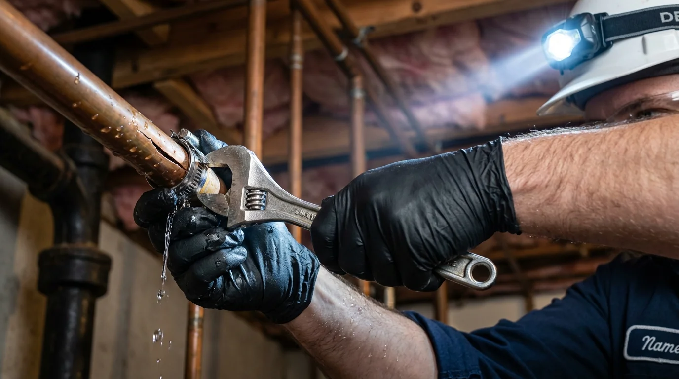 Emergency pipe clamp repair being performed by a Johns Plumbing LLC plumber in Port Norris