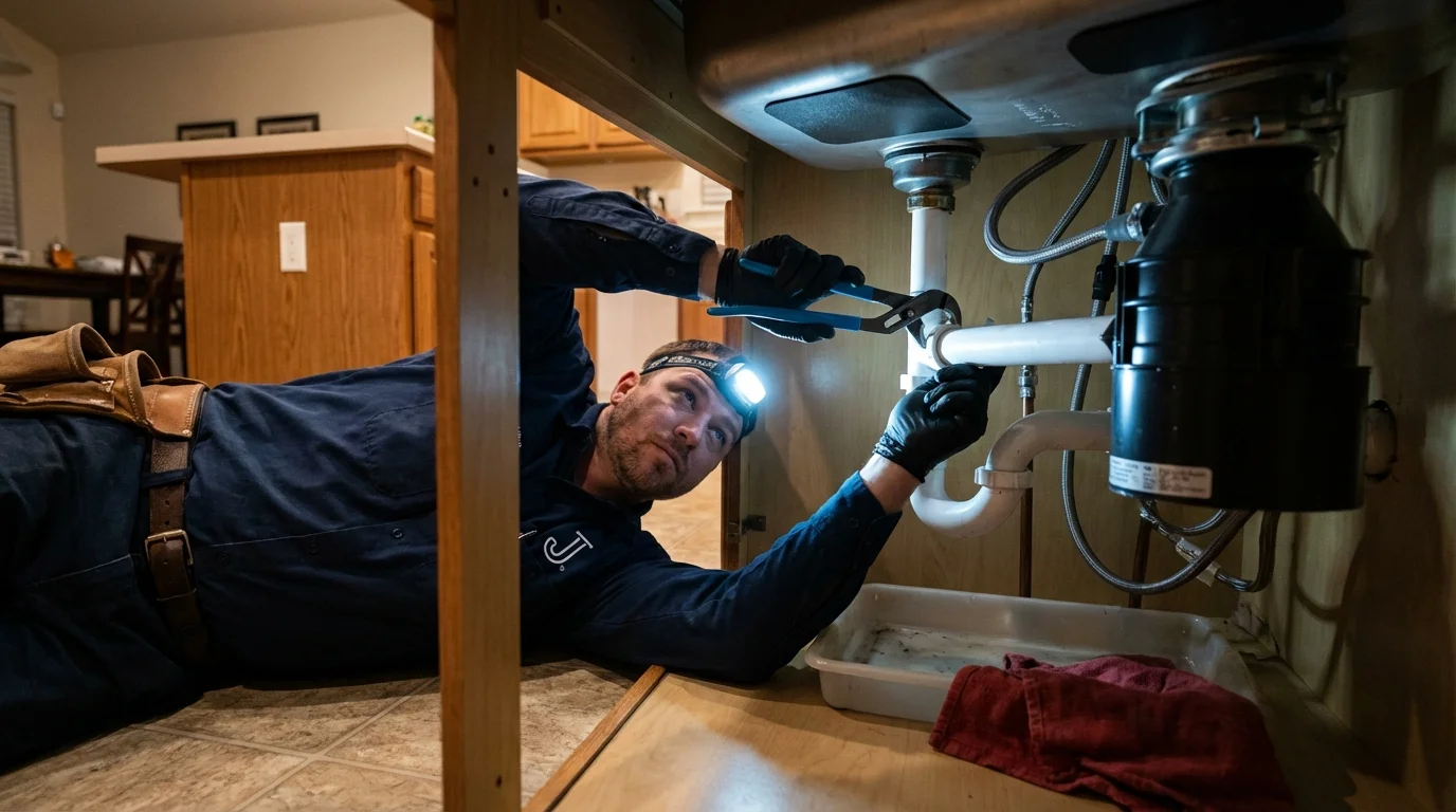 P-trap and supply line connections under a kitchen sink showing a common leak point in Port Norris, NJ